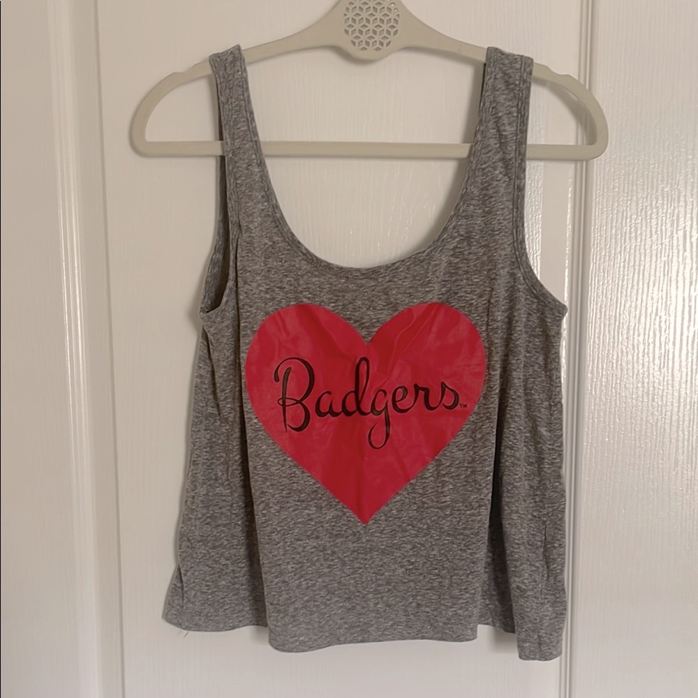 Wisconsin Badgers Collegiate Gray Crop Tank Top with Red Heart Graphic